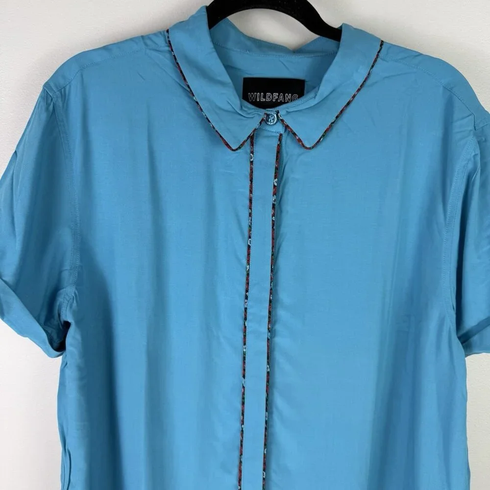 Wildfang Empower Piped Button Up Shirt Large Teal Rayon Androgynous Chic - Picture 3 of 11